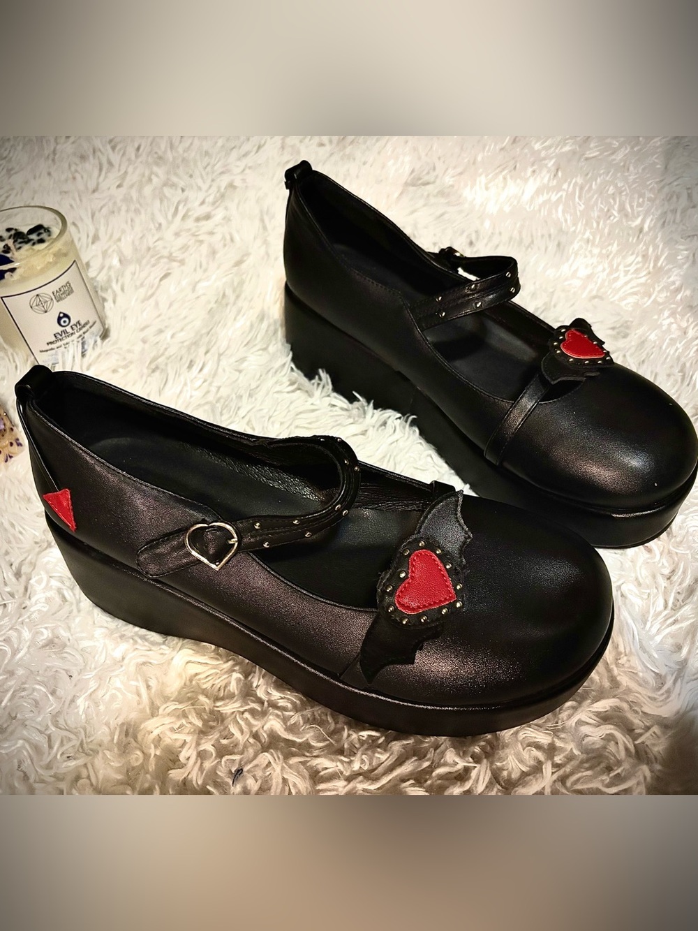 Black Lolita Valentine Women’s Platform Mary Jane Shoes with Red Heart Accent